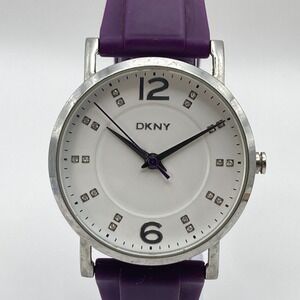 DKNY Womens Watch 37mm Silver Tone Purple Silicone WR 50M NY-8155 New Battery 9"